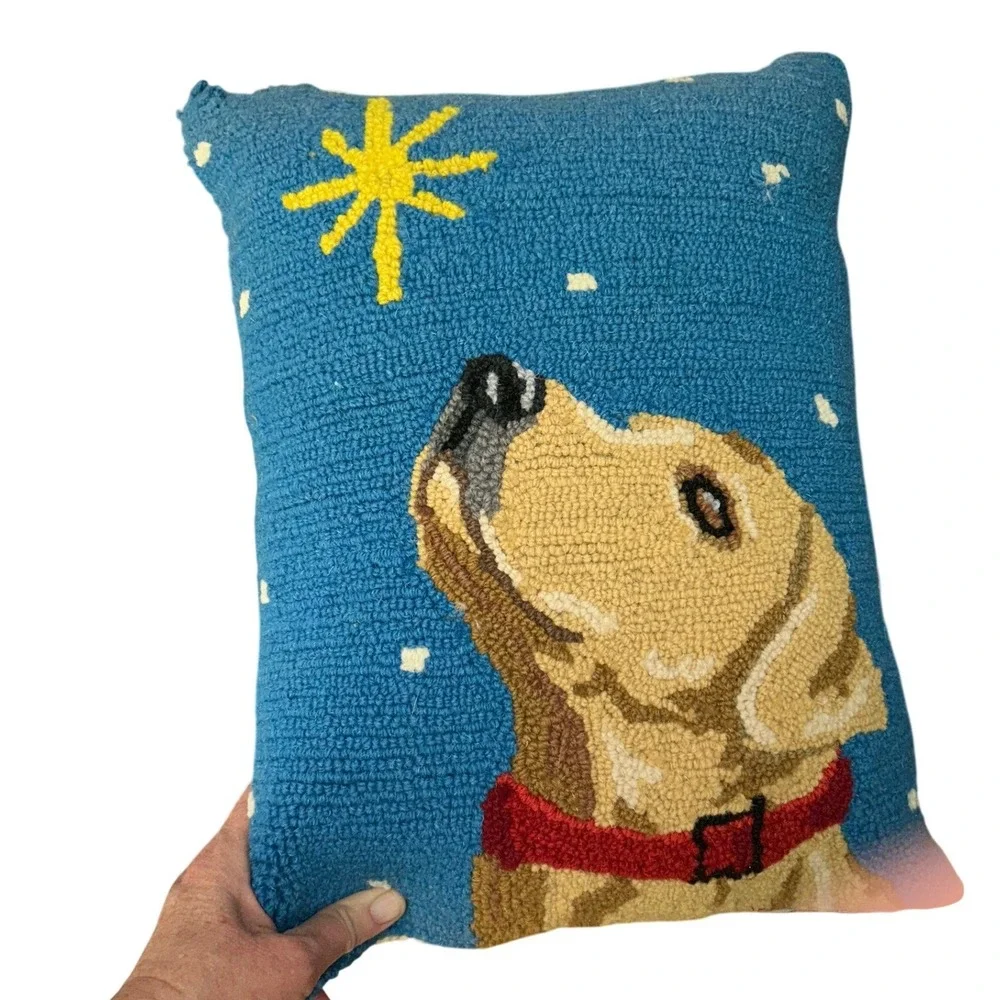 All Is Calm &‎ Bright Lab Star Hooked Wool Throw Pillow Blue 14x18 Dog Decor